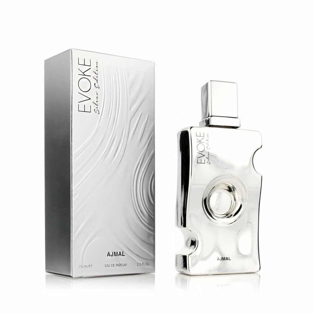 Silberne Verpackung und Flakon. Aufschrift: Evoke Silver Edition, Ajmal. Flakon mit quadratischem Deckel.
