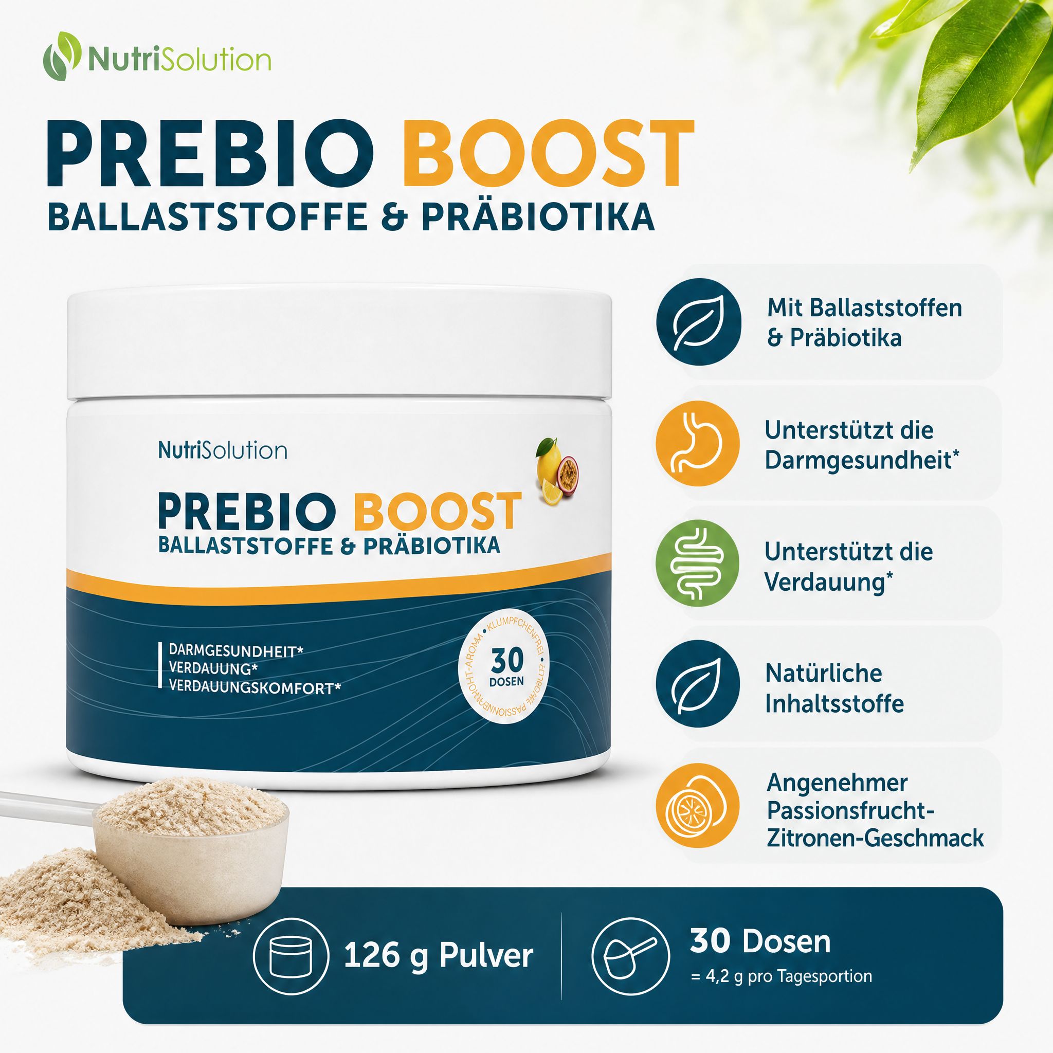 NutriSolution Prebio Boost Dose. Mit Ballaststoffen, Präbiotika, für Darmgesundheit.