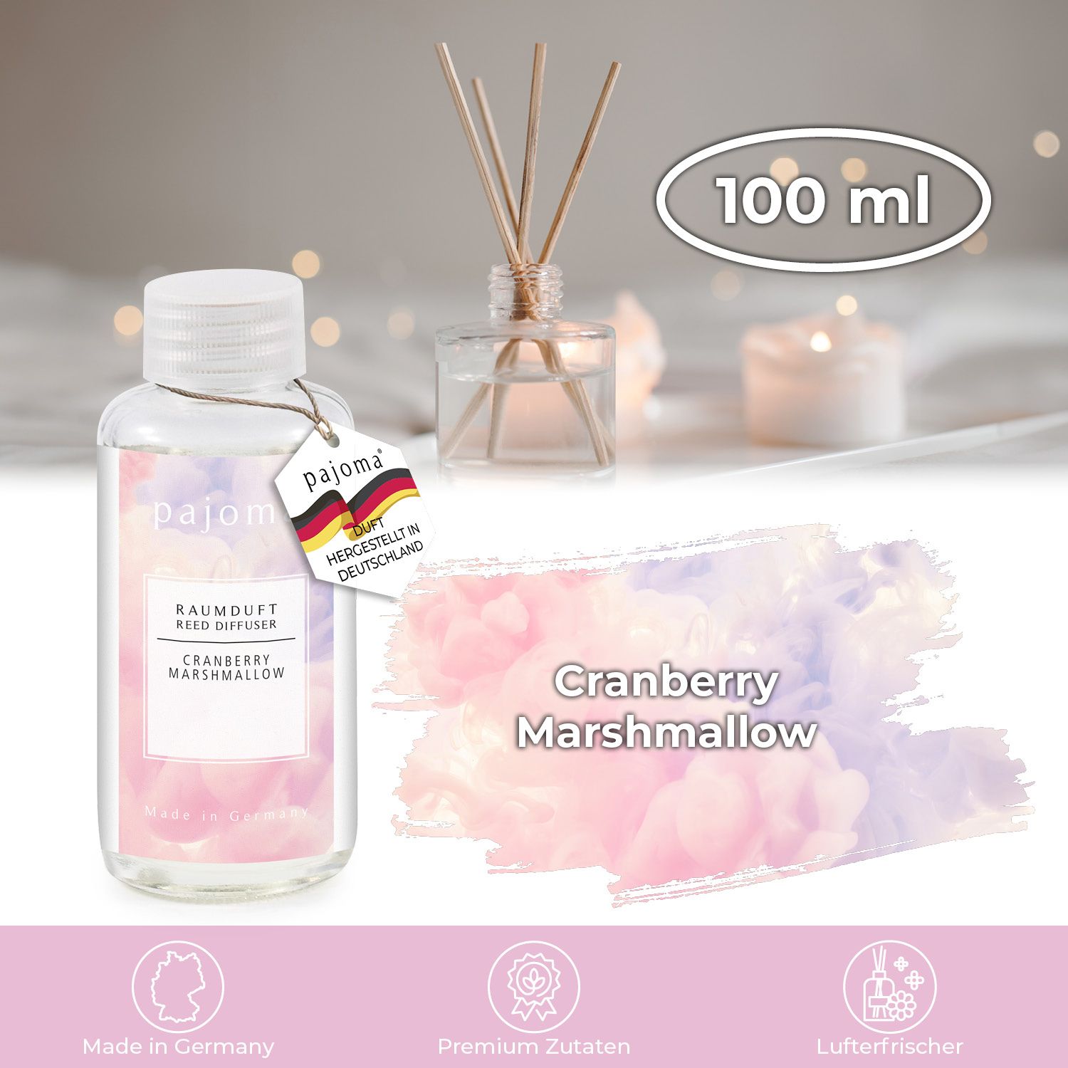 Klarflasche mit weißem Deckel und Etikett. Etikett mit Produktnamen und Logo. Anhänger mit Logo und Herkunftsland. Hintergrund mit Textur.