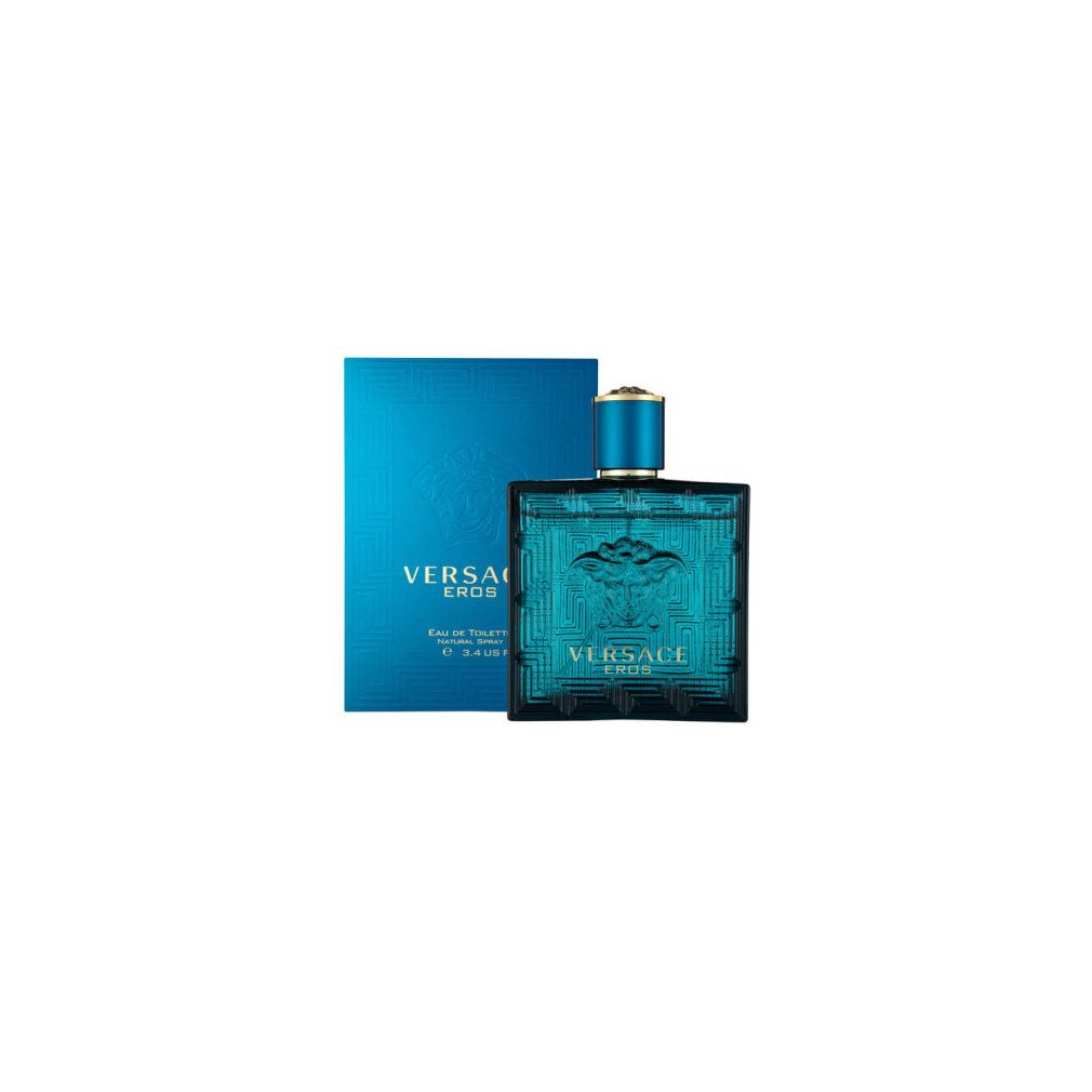 Flakon und Schachtel. Türkis, goldfarbene Schrift: VERSACE EROS. Eau de Toilette.