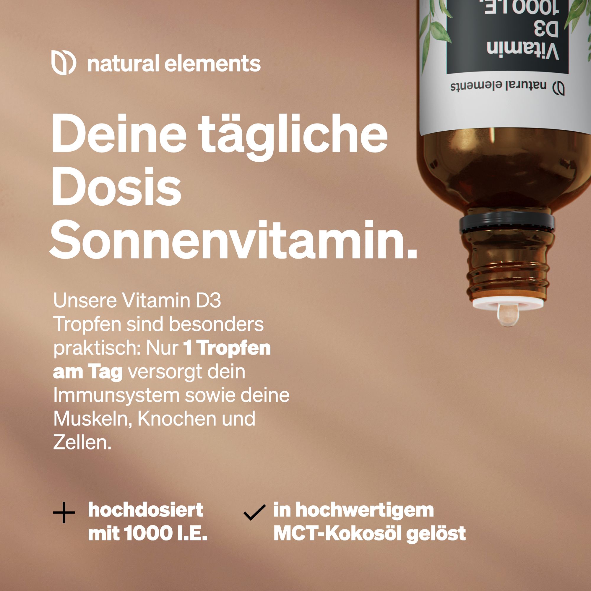 natural elements Vitamin D3 Tropfen – 1000 I.E./Tagesdosis – Langzeitvorrat – in MCT-Kokosöl gelöst