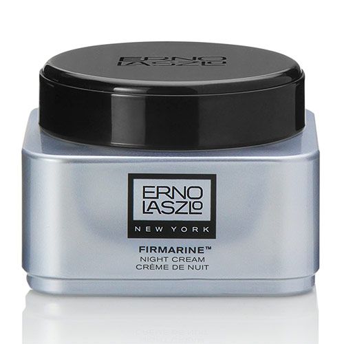 Creme-Tiegel mit schwarzem Deckel. Auf der Vorderseite steht "Erno Laszlo New York" und "Firmarine Night Cream".