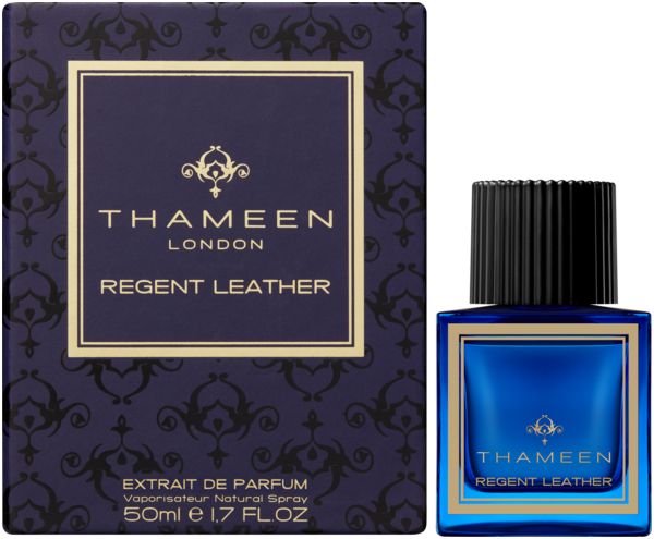 Dunkelblaue Parfumflasche und Schachtel. Aufschrift: Thameen London, Regent Leather. Extrait de Parfum. 50ml e 1.7 FL.OZ.