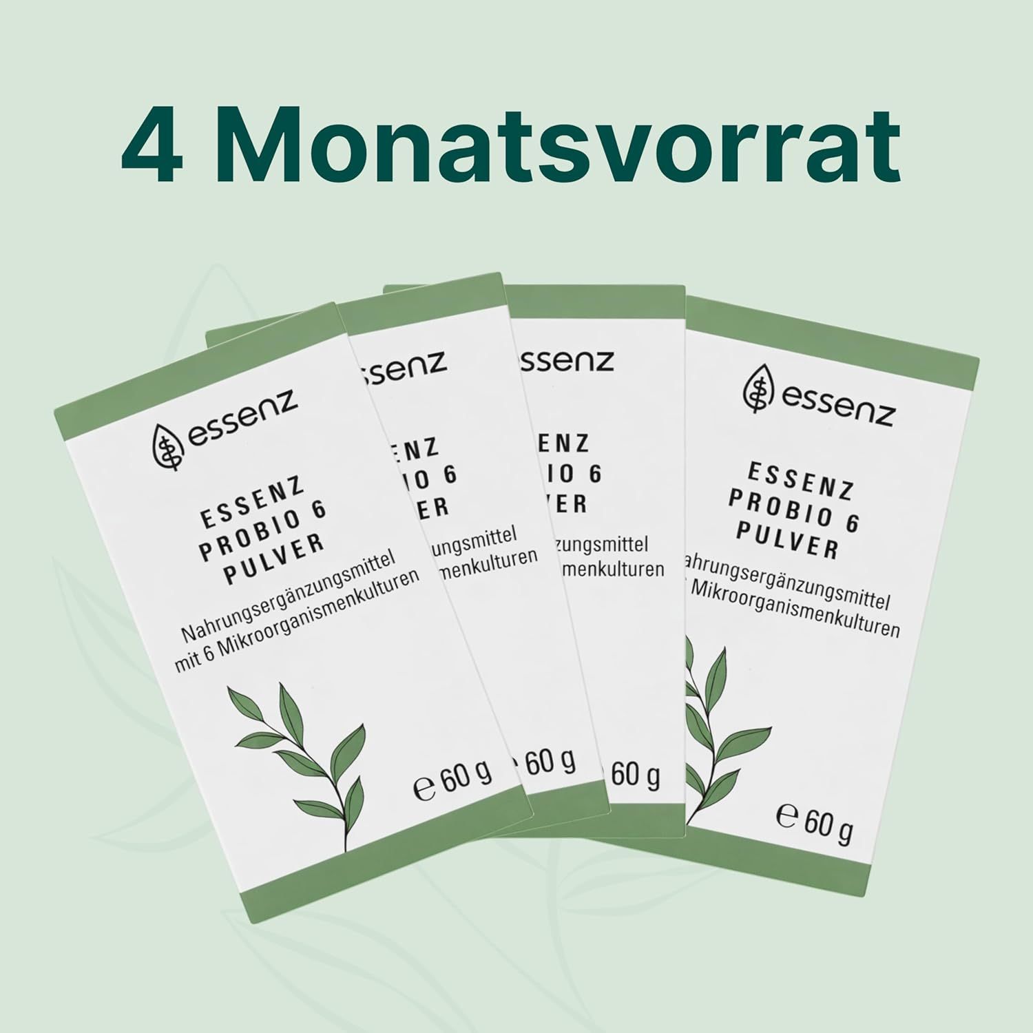 Vier Beutel ESSENZ PROBIO 6 PULVER. Text: Nahrungsergänzungsmittel mit 6 Mikroorganismenkulturen. Inhalt: 60g pro Beutel.