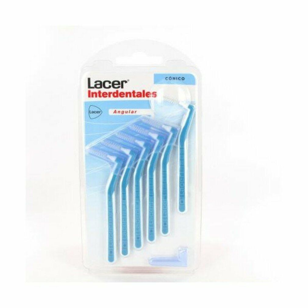 Zahnzwischenraumbürsten in Blisterverpackung. Blaue Griffe, weiße Borsten. Marke Lacer. Konische Form. Winkeldesign.
