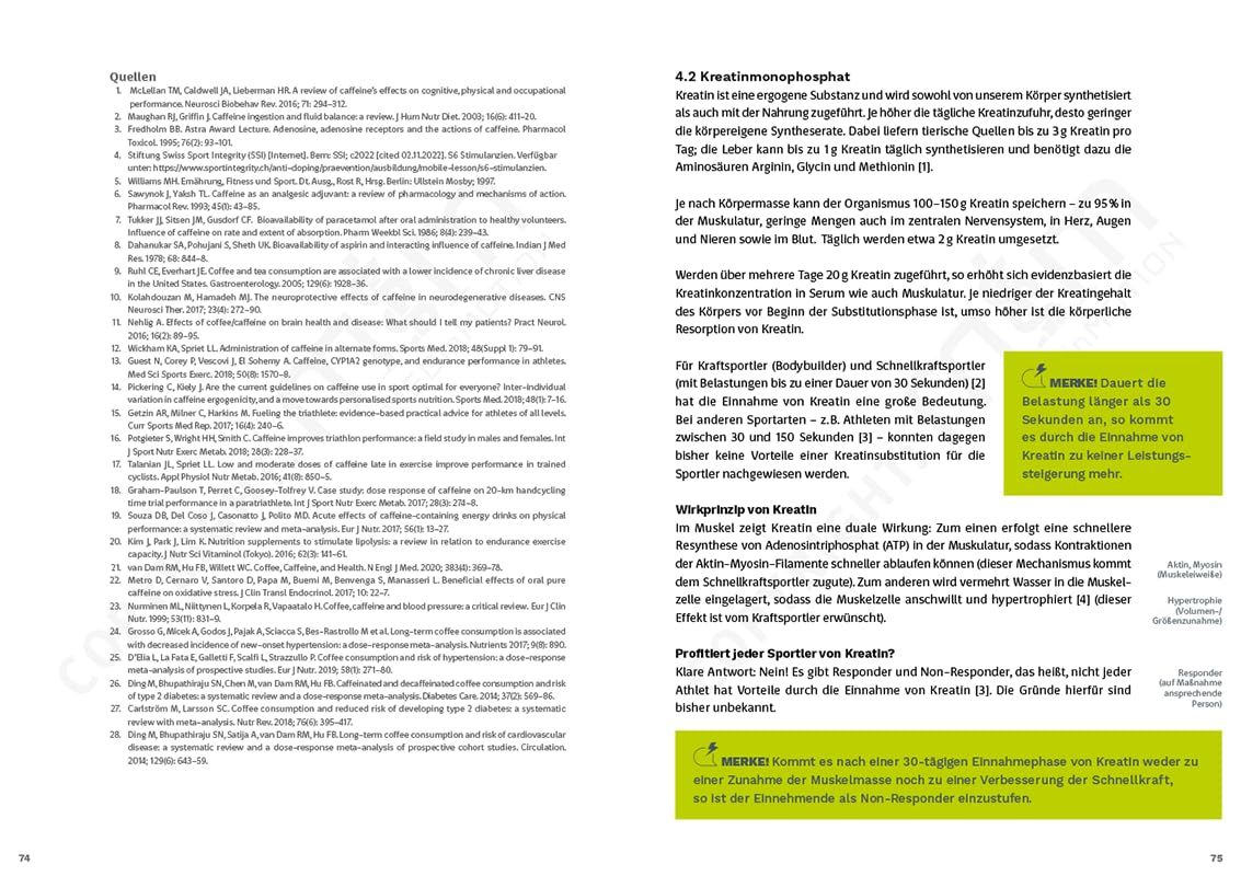 Buchseite mit Text. Thema: Kreatin. Text über Kreatin und seine Wirkung im Sport. Quellenangaben am Ende.