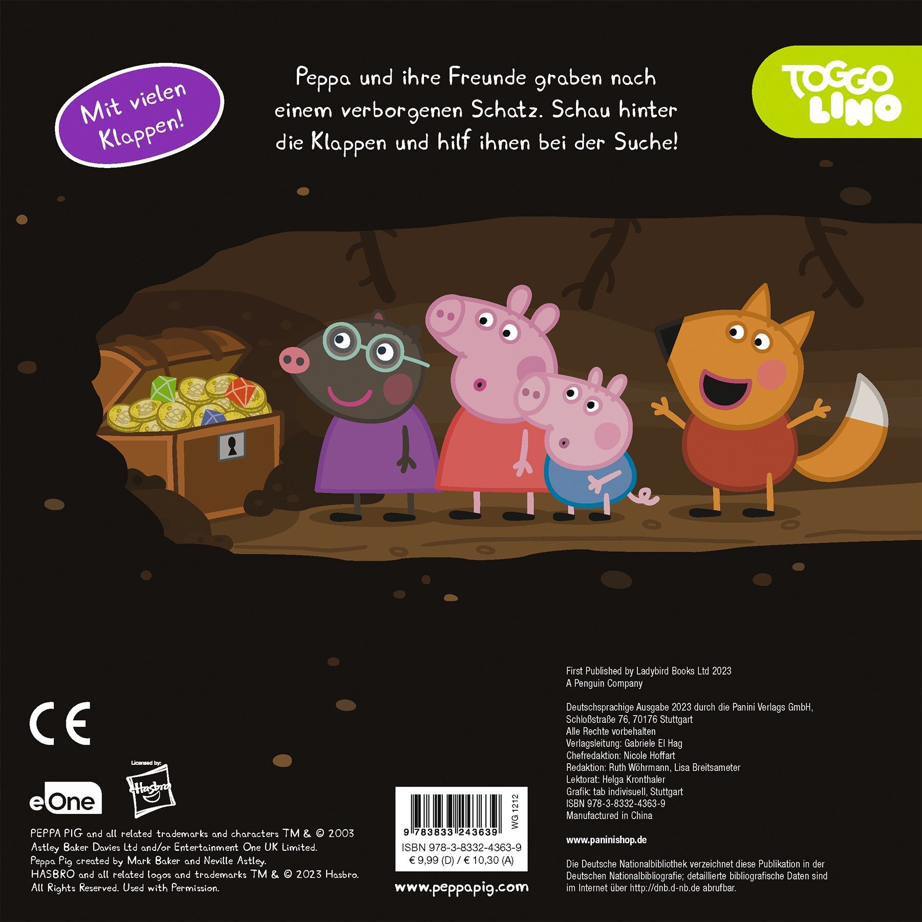 Rückseite des Buches 'Peppa findet einen Schatz'. Illustration mit Peppa und Freunden vor einer Schatzhöhle.