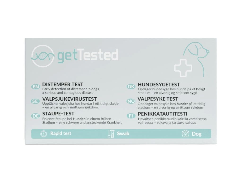 GetTested Staupe-Test-Verpackung. Enthält Text in mehreren Sprachen, darunter Deutsch. Mit Logo, Abbildung eines Hundes und Kreuz.