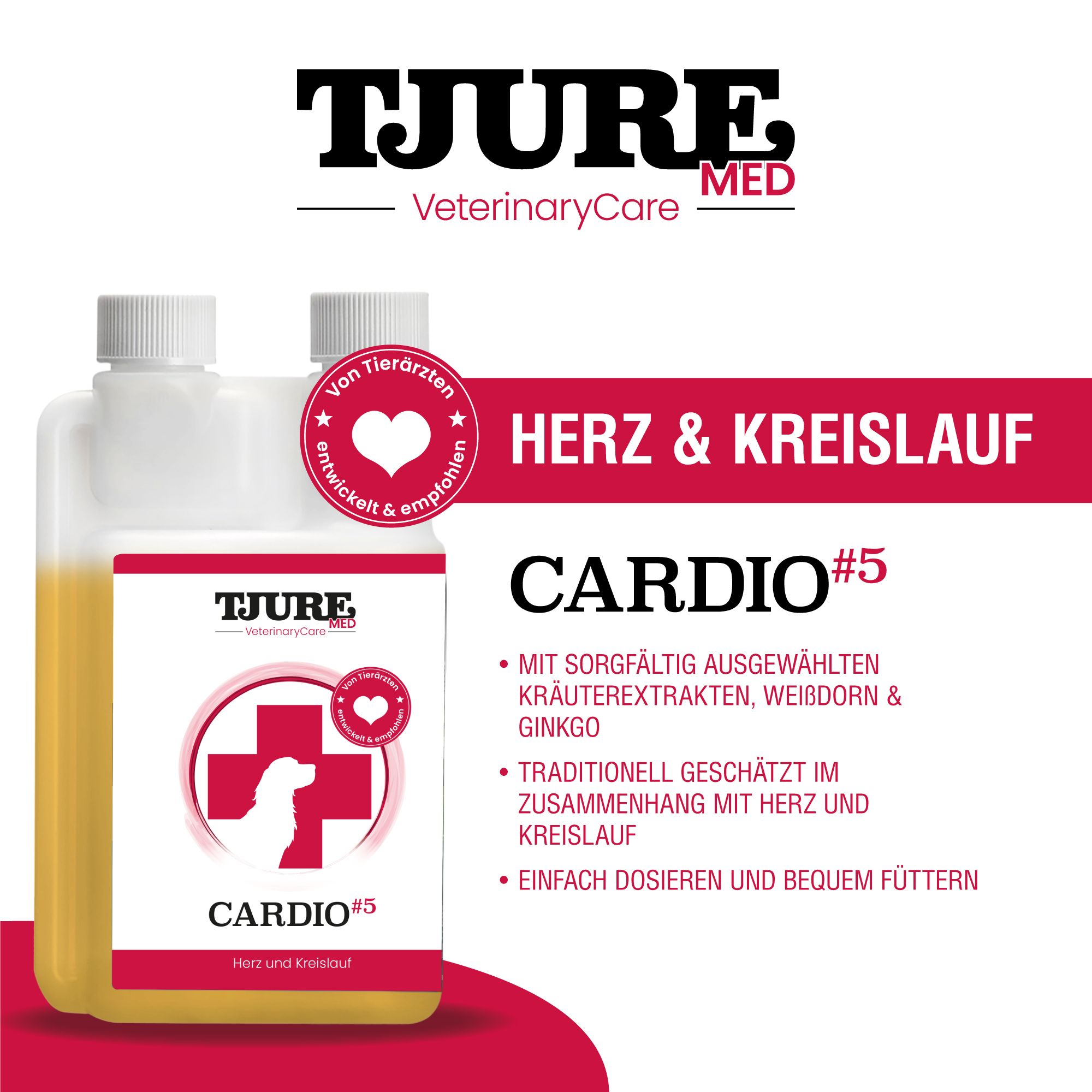 Doppelflasche mit gelber Flüssigkeit. Etikett mit Text: Herz & Kreislauf, CARDIO #5. Marke: TJURE MED. Logo: rotes Kreuz mit Hund.