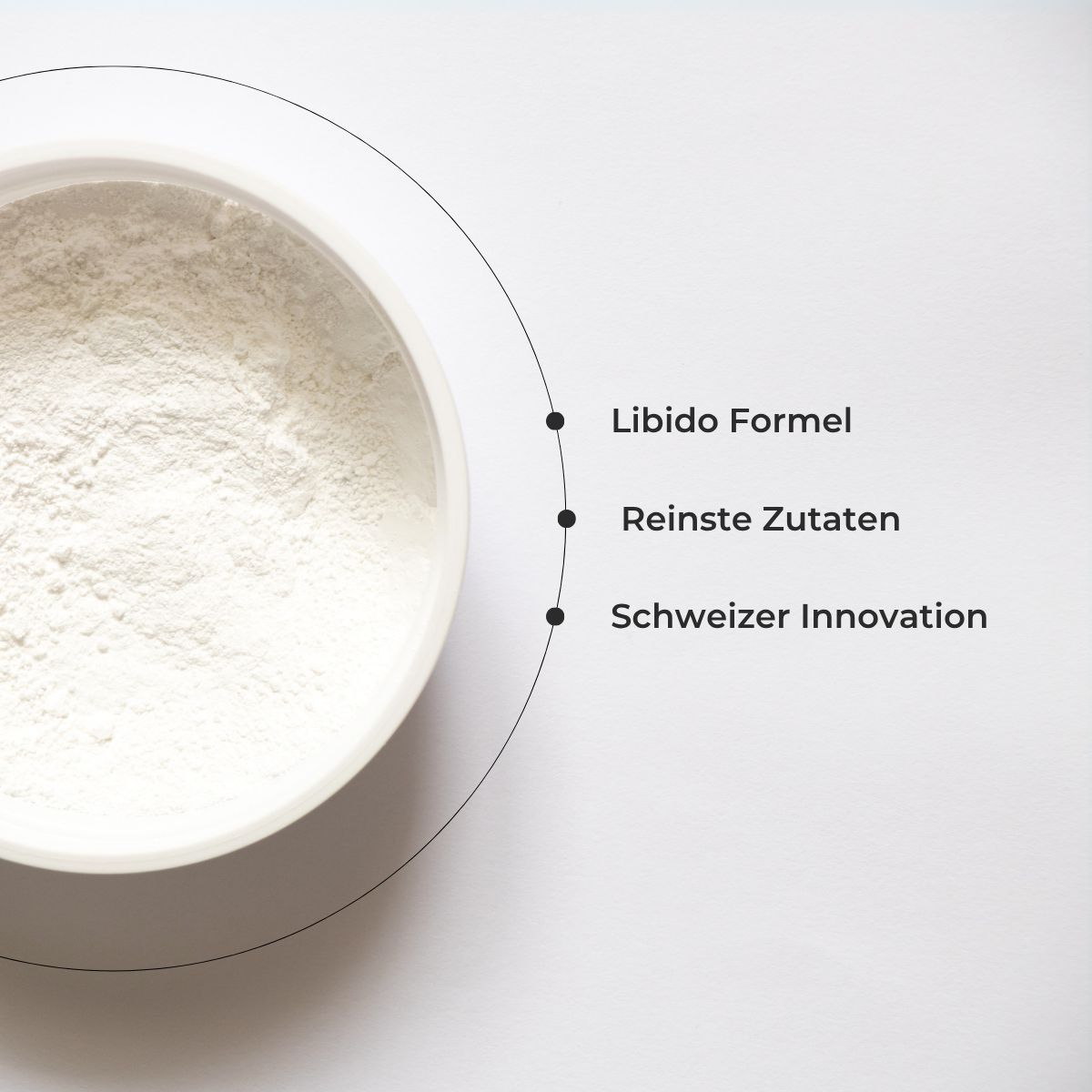 Weißes Pulver in einem Behälter. Text: Libido Formel, Reinste Zutaten, Schweizer Innovation.
