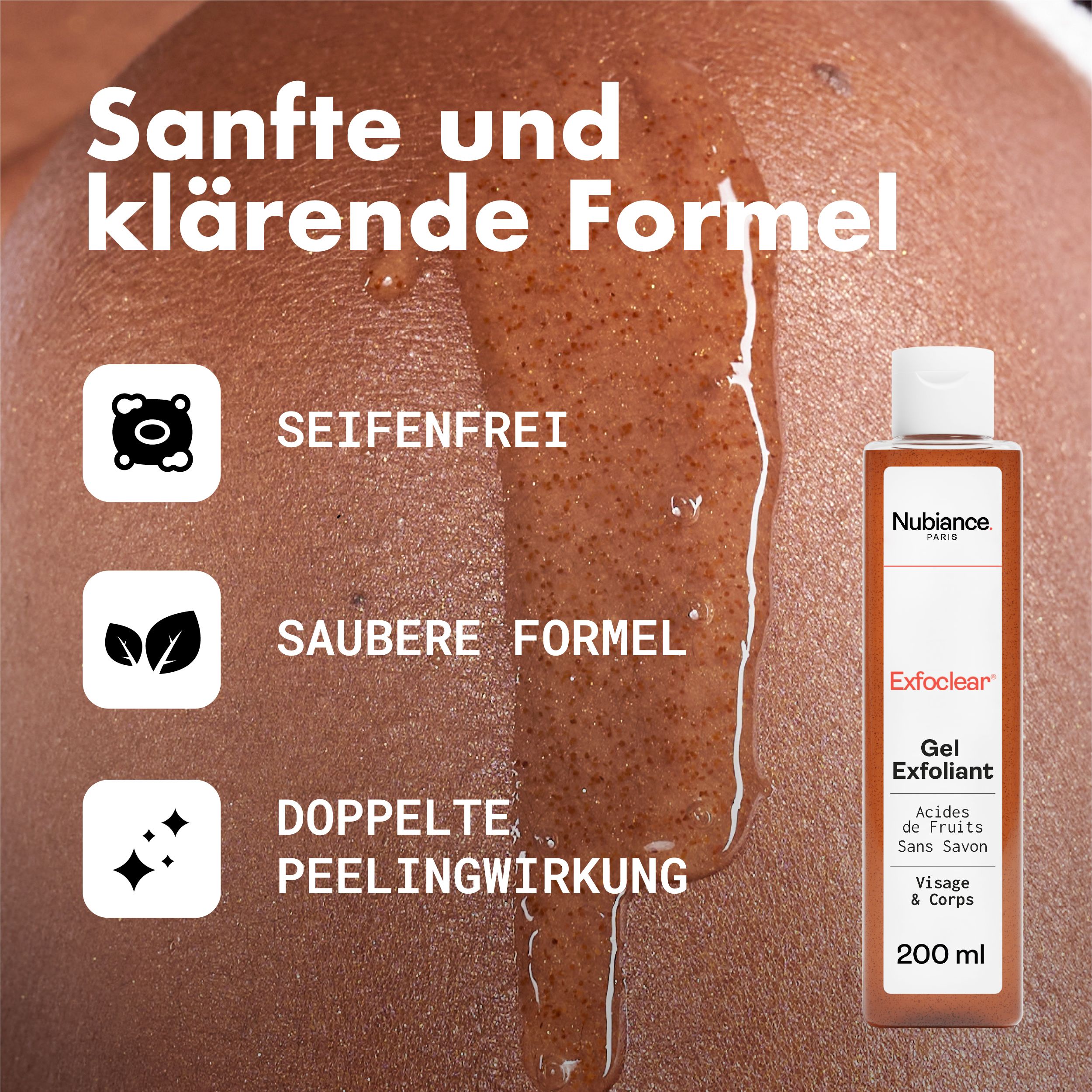 Exfoclear Gel für Gesicht & Körper. Seifenfrei, saubere Formel, doppelte Peelingwirkung. 200 ml.
