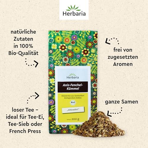 Herbaria Anis-Fenchel-Kümmel Tee Bio, 200g Packung mit losem Tee und Kräutern.