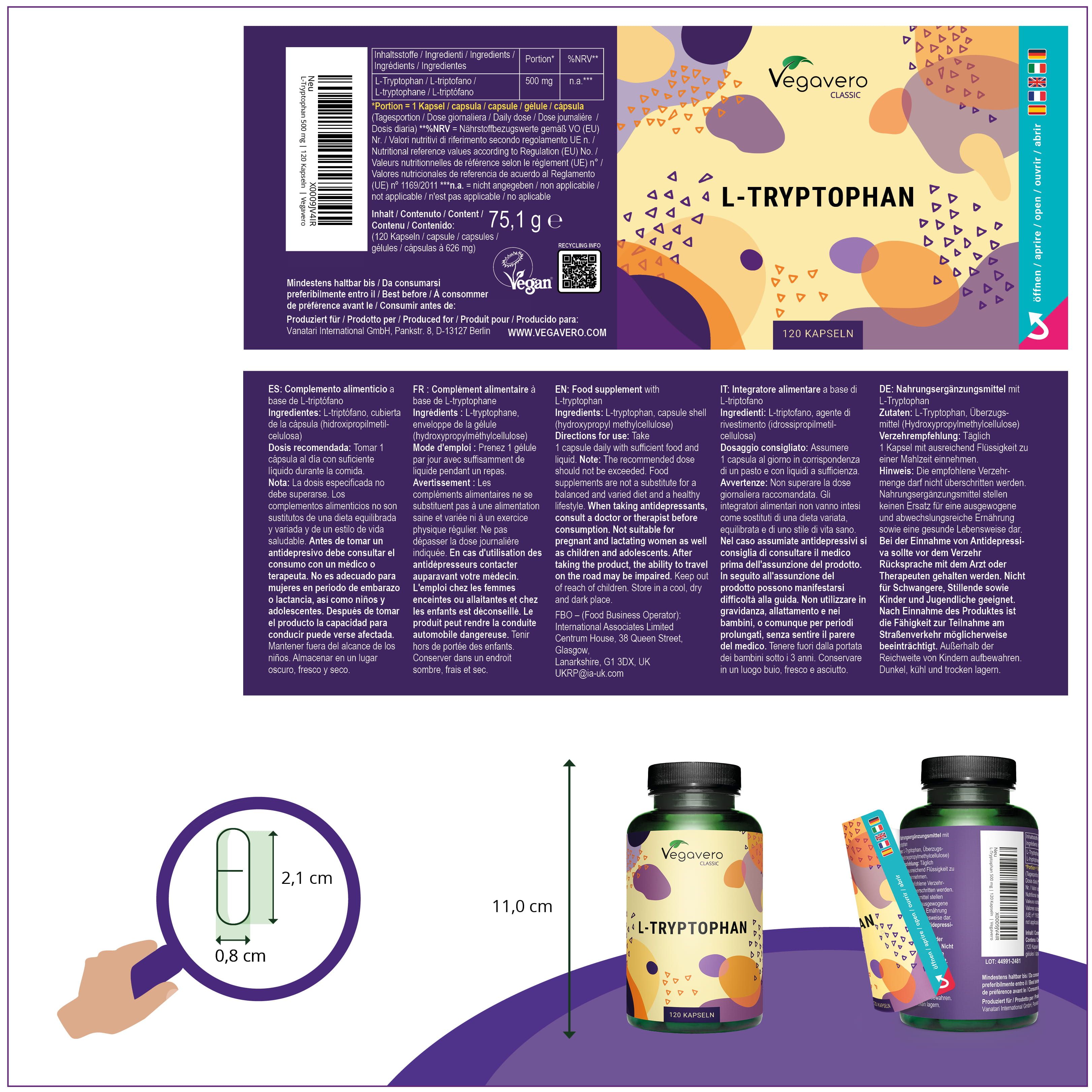 L-Tryptophan-Kapseln von Vegavaro. Flasche mit 120 Kapseln, 2,1 cm lang. Beilage mit Inhaltsstoffen. Vegan.