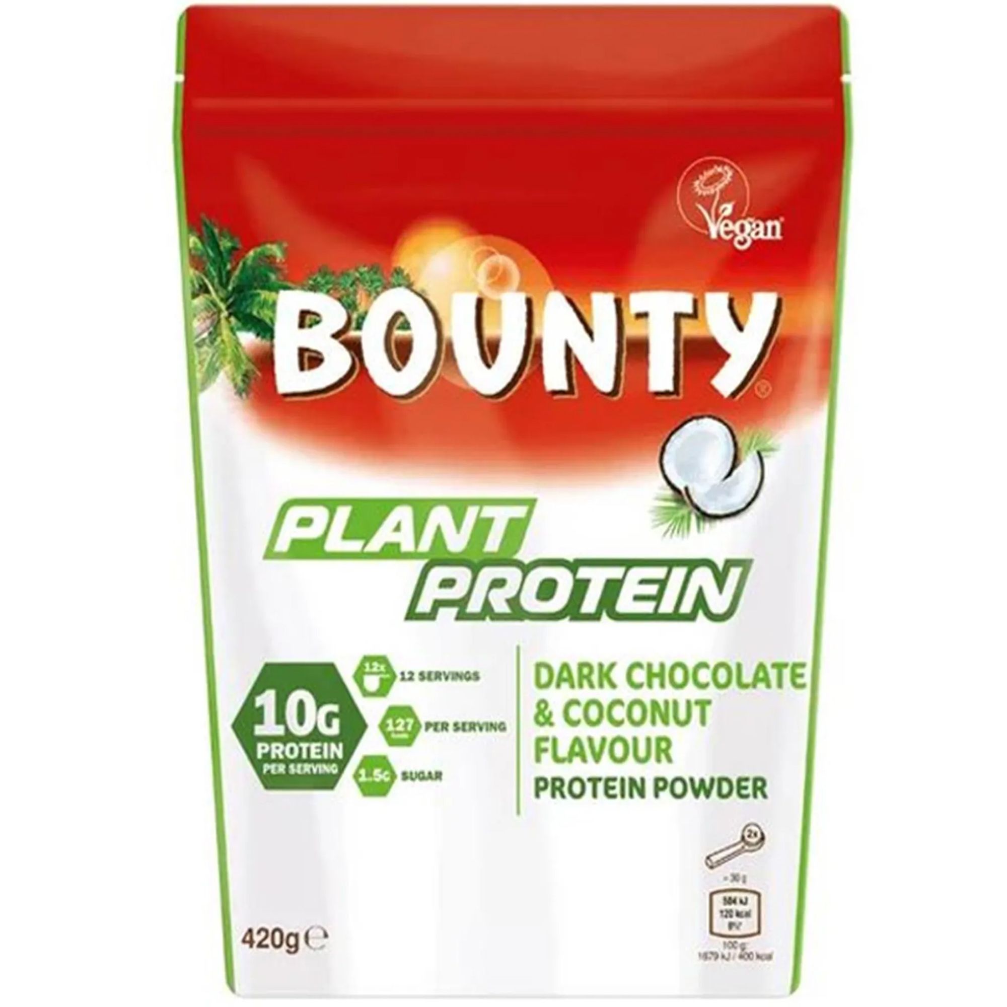 Verpackung von BOUNTY Plant Protein Pulver. Grün-weißes Design mit rotem oberen Teil. Enthält 10g Protein pro Portion, dunkle Schokolade & Kokosnuss.