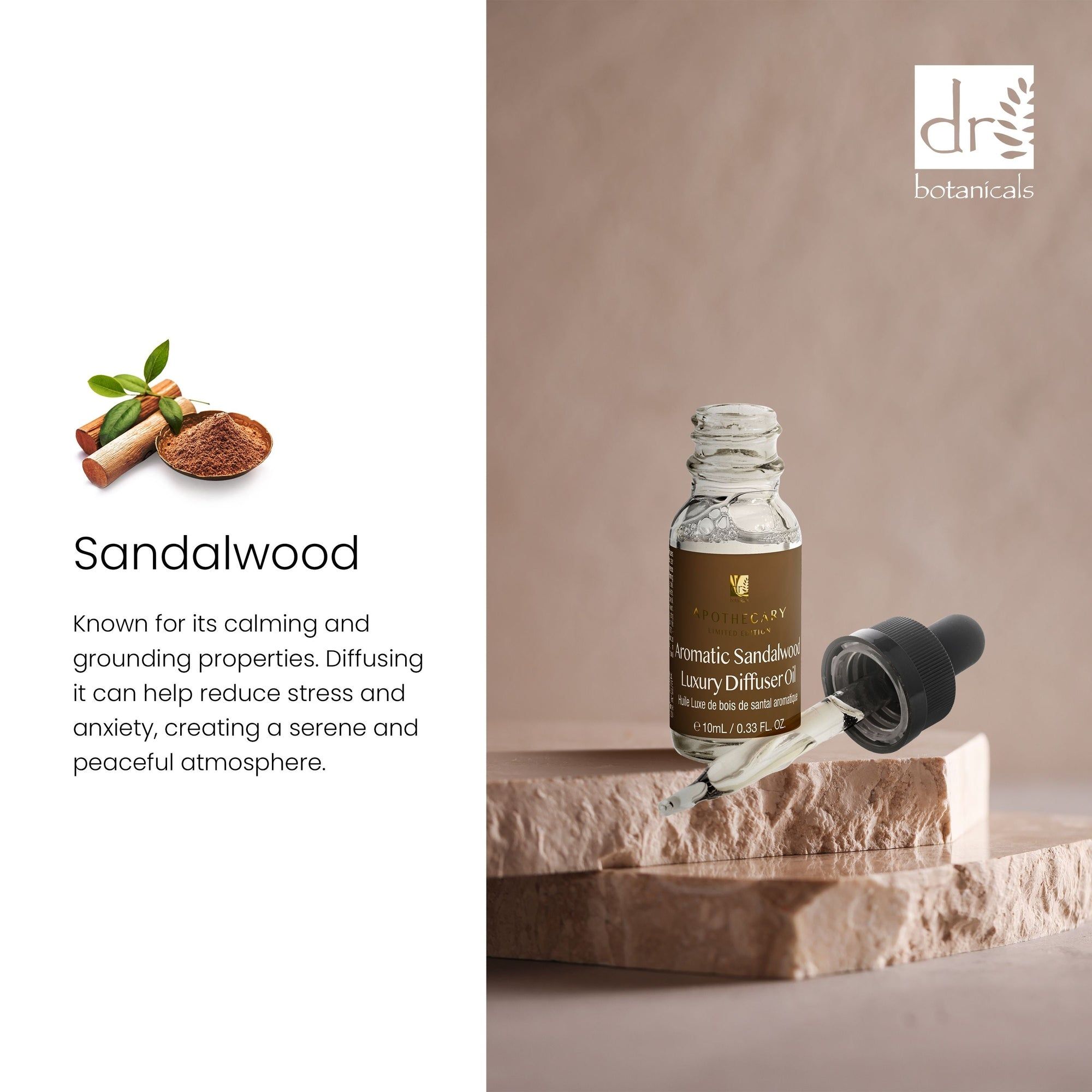 Ölflasche mit Pipette. Beschriftung: Aromatic Sandalwood Luxury Diffuser Oil. Sandelholz und Text. Logo: Dr Botanicals.
