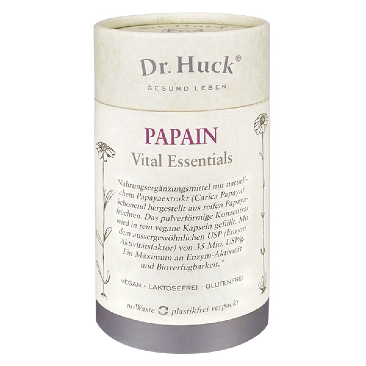 Boîte cylindrique avec logo Dr. Huck et inscription Papain. Texte : Vital Essentials, vegan, sans lactose, sans gluten.