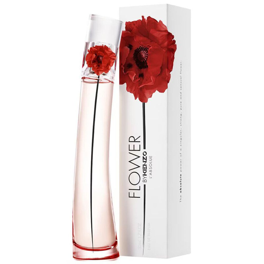 Parfümflakon mit roter Blume und Verpackung. Aufschrift: Flower by Kenzo L'Absolue.