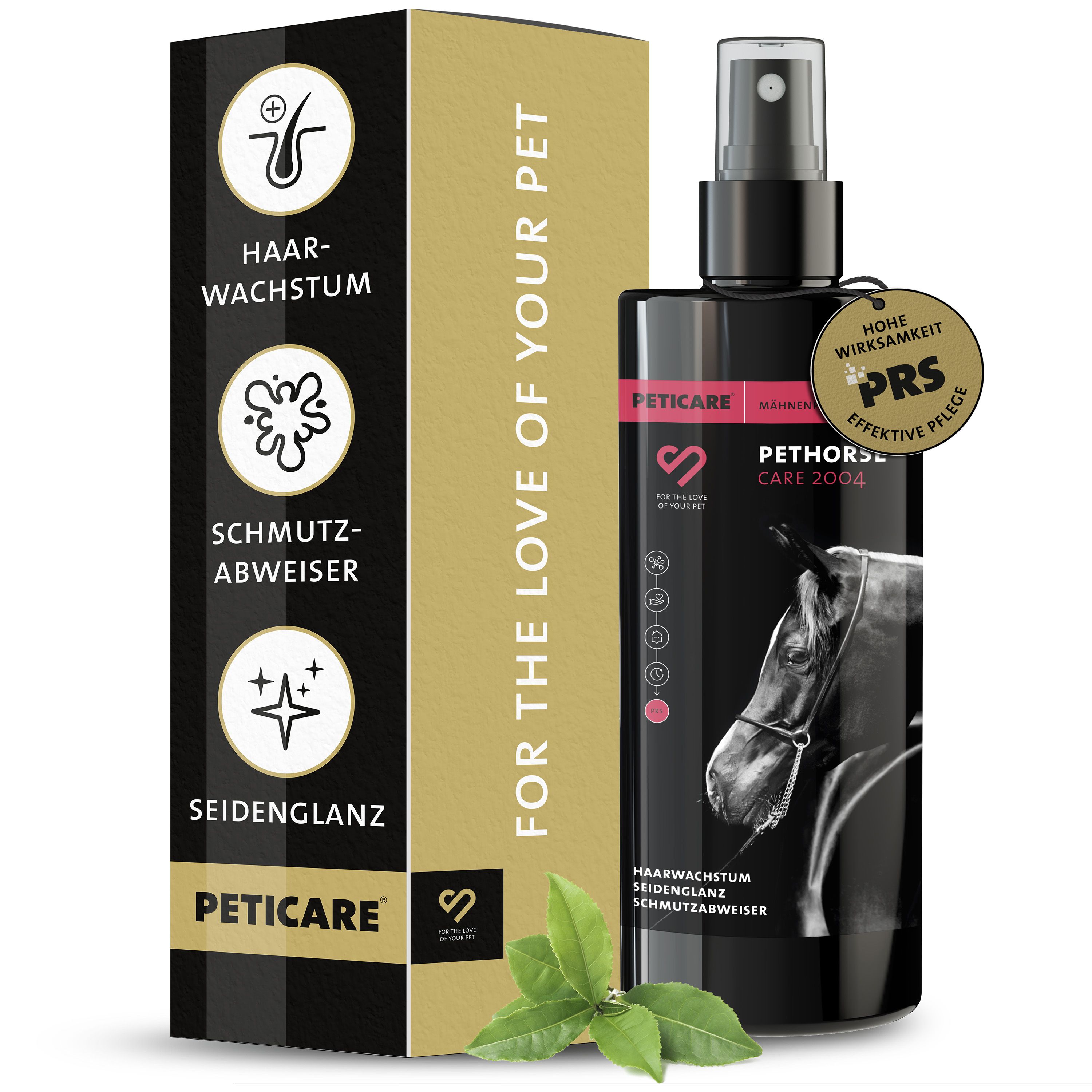 Peticare-Flasche und Verpackung. Schwarze Flasche mit Sprühkopf, goldene Verpackung. Produktmerkmale: Haarwachstum, Seidenglanz, Schmutzabweiser.