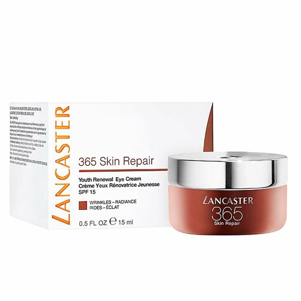 Creme-Tiegel und Schachtel. Aufschrift: Lancaster 365 Skin Repair. Text: Youth Renewal Eye Cream, SPF 15. Inhalt: 15 ml.