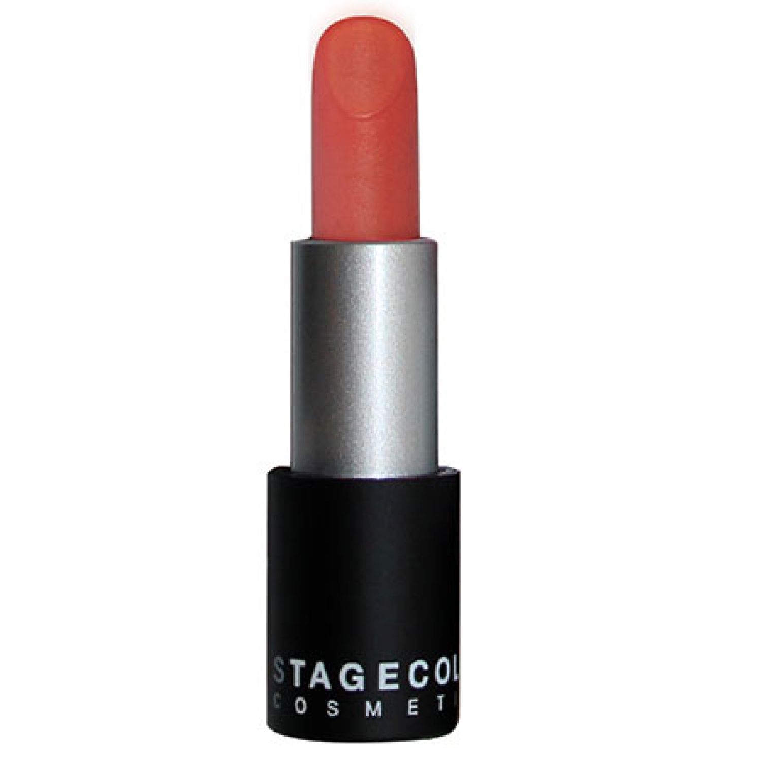 Lippenstift, goldrot. Schwarzer Stift, silberne Hülse, roter Lippenstift. STAGECOLOR COSMETICS.