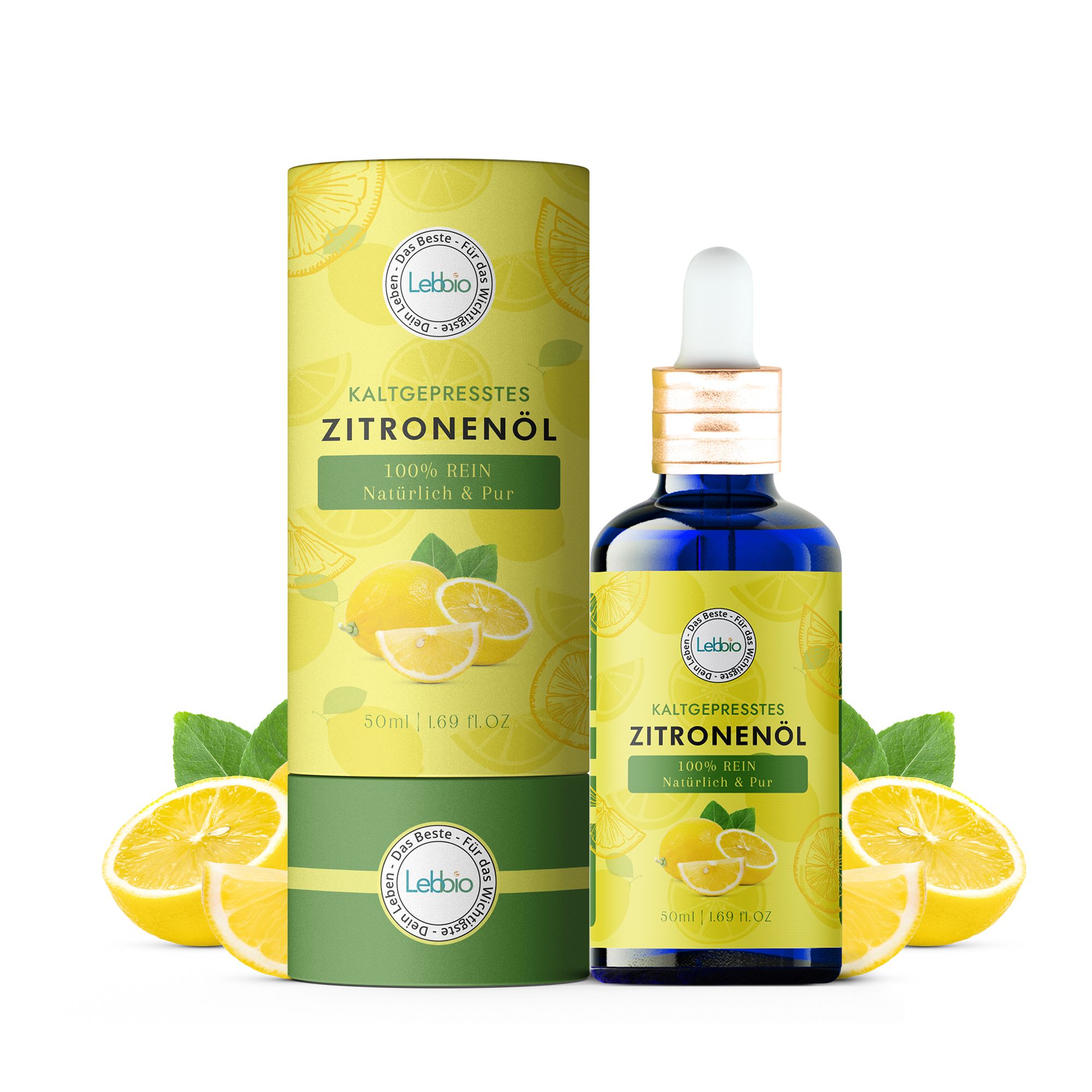 Zitronenöl-Flasche und Verpackung. Blaue Flasche mit Pipette, grüne Verpackung. Aufschrift: Zitronenöl, 100% rein, natürlich & pur.