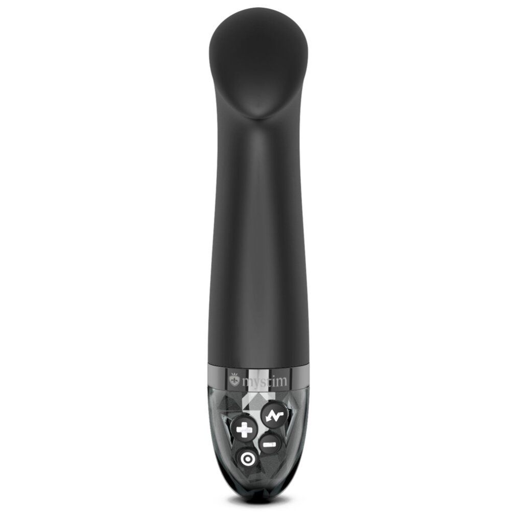 Schwarzer eStim-Vibrator. Abgerundete Form, Bedienelemente am unteren Ende. Marke Mystim sichtbar.