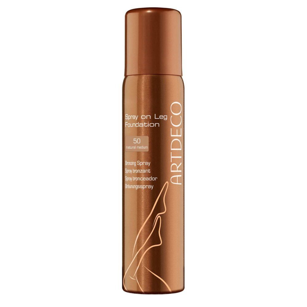 Artdeco Spray on Leg Foundation, braune Sprühflasche. Text: Spray on Leg Foundation, 50 bronze medium. Logo und Bein-Illustration.