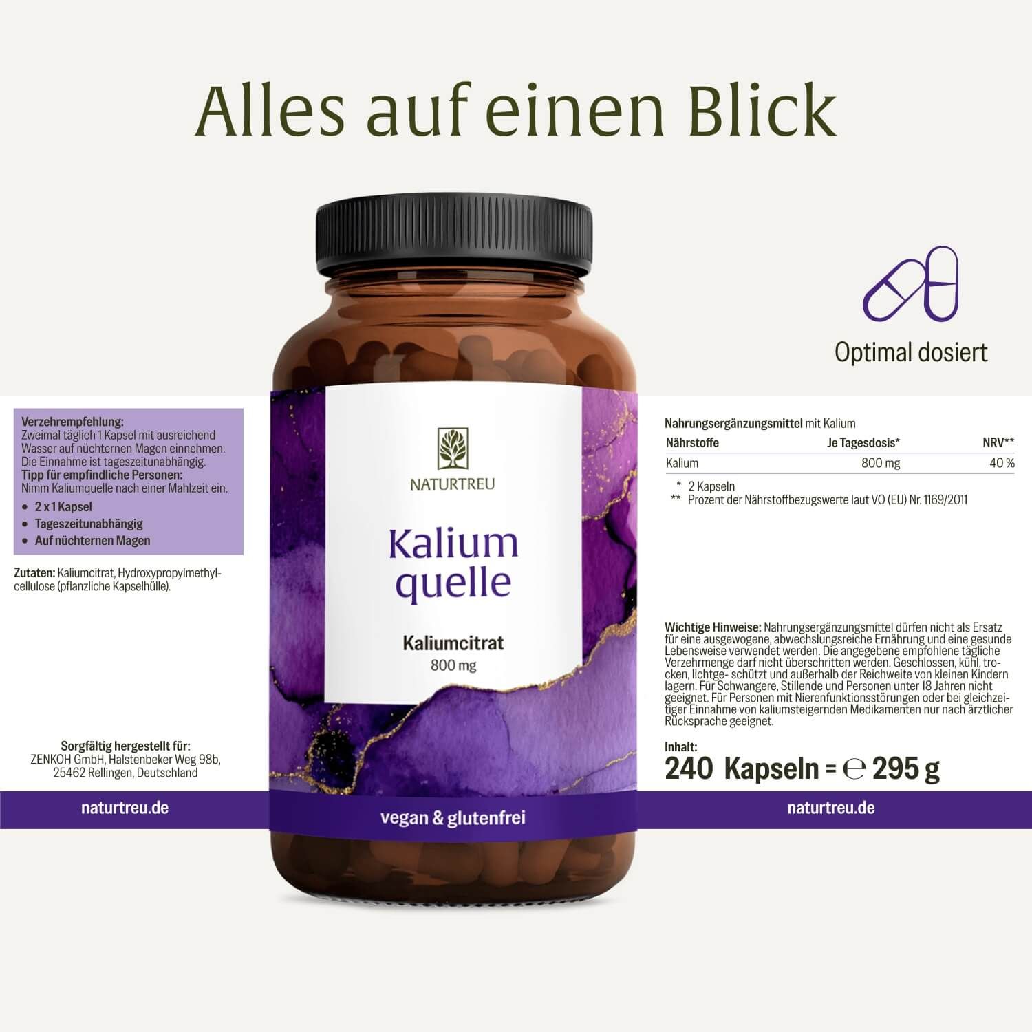 Naturtreu Kalium Quelle: Braune Dose mit 240 Kapseln Kaliumcitrat, 800 mg pro Kapsel. Vegan & glutenfrei.