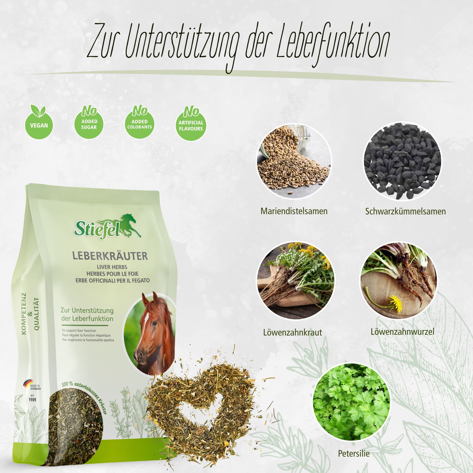 Beutel mit Stiefel Leberkräuter, Kräutermischung. Enthält Mariendistel, Schwarzkümmelsamen, Löwenzahnkraut, -wurzel, Petersilie. Vegan, ohne Zucker, Zusatzstoffe, Aromen.