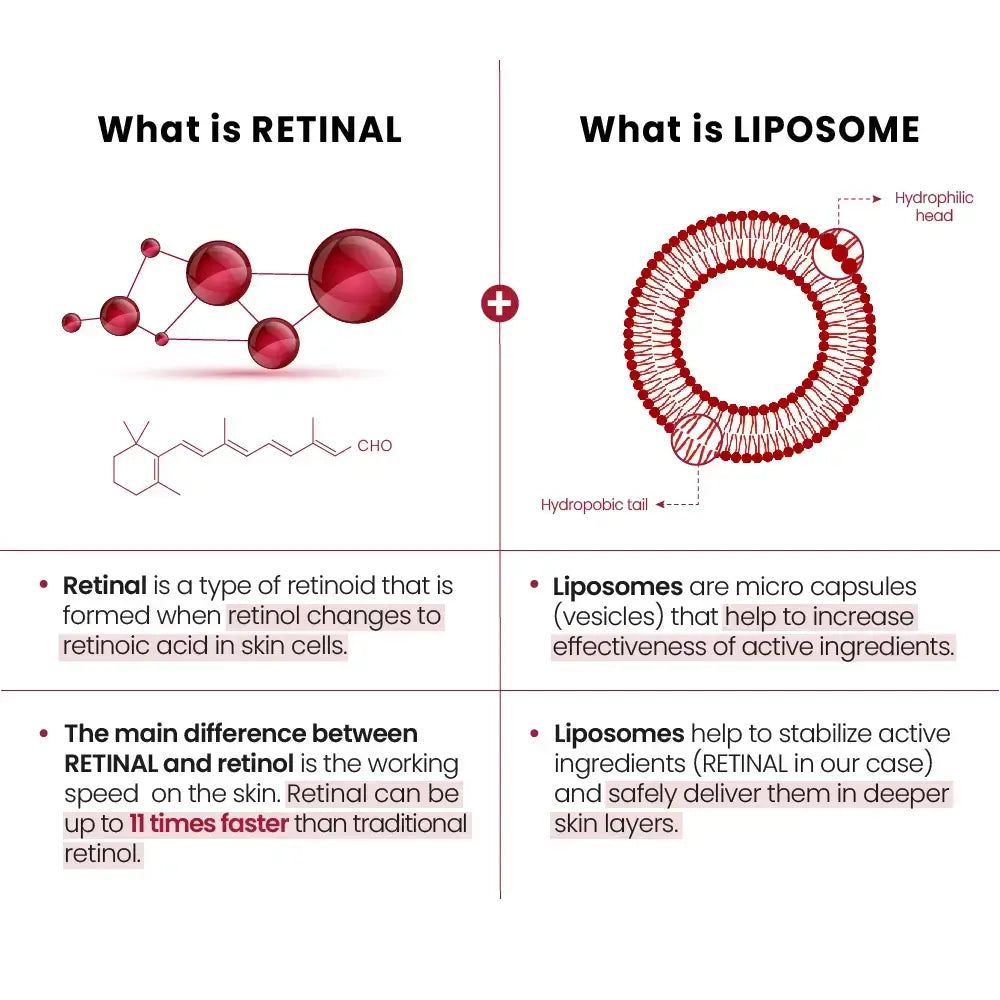Grafiken erklären Retinal und Liposomen. Retinal ist ein Retinoid, Liposomen sind Mikrokapseln zur Wirkstofflieferung.