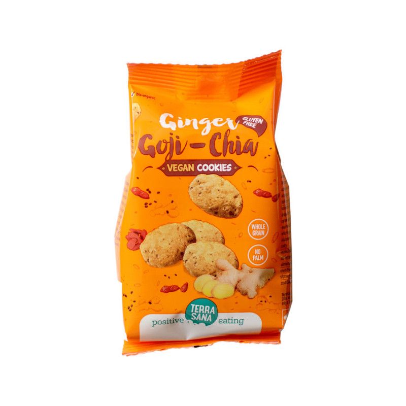 Verpackung mit Keksen. Aufschrift: Ginger Goji-Chia Vegan Cookies. Glutenfrei, Vollkorn, ohne Palmöl. Marke: Terra Sana.