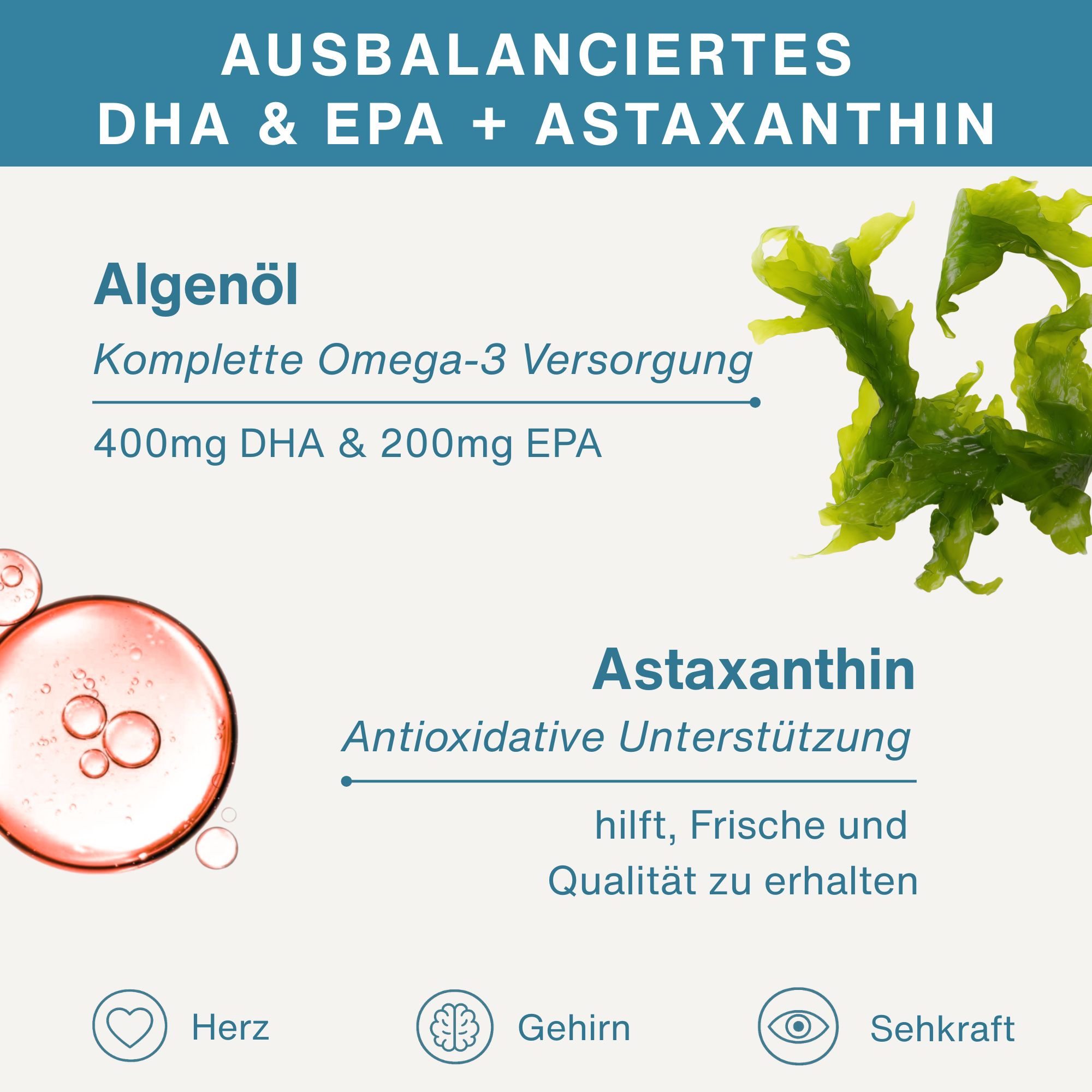 Ausgewogene DHA & EPA + Astaxanthin aus Algenöl. Mit Symbolen für Herz, Gehirn und Sehvermögen.