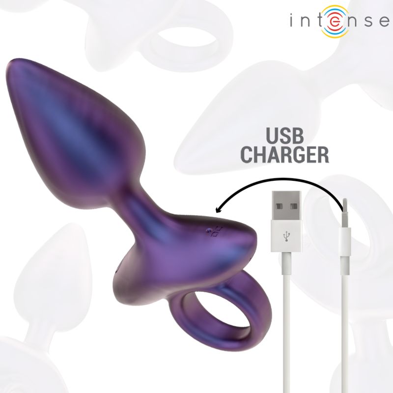 Lila Anal Plug mit weißem Schaft und Ring. USB-Ladekabel. Text: USB Charger. Marke: Intense.