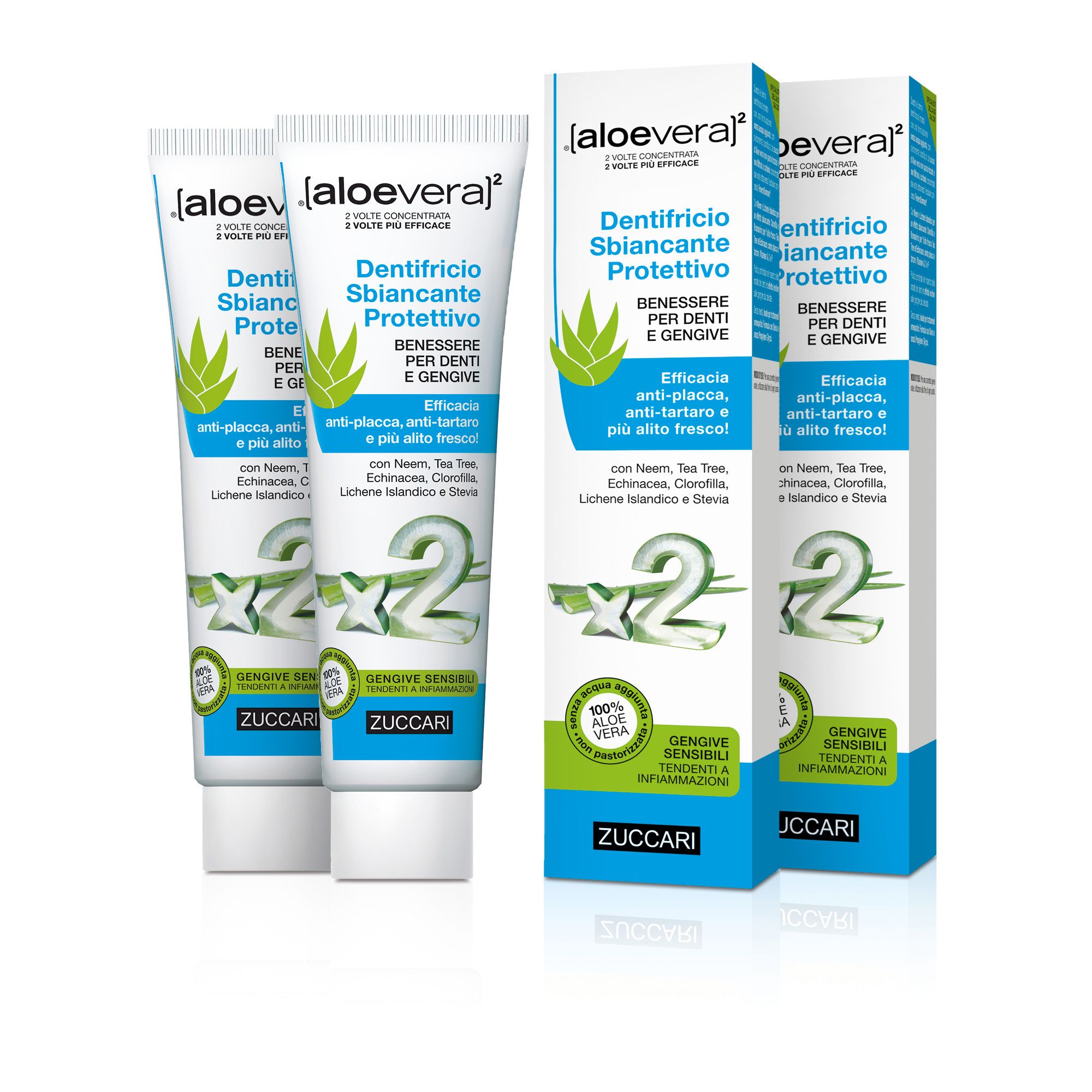 Zwei Tuben und eine Schachtel ZUCCARI [aloevera]2 Zahnpasta. Blaue Verpackung mit weißer Schrift. Aufschrift: DENTIFRICIO SBIANCANTE PROTETTIVO.