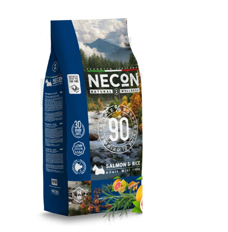 Blauer Beutel mit "NECON"-Logo. Text: "Salmon & Rice Adult Mini". 90% Proteine. Abbildung eines Hundes.