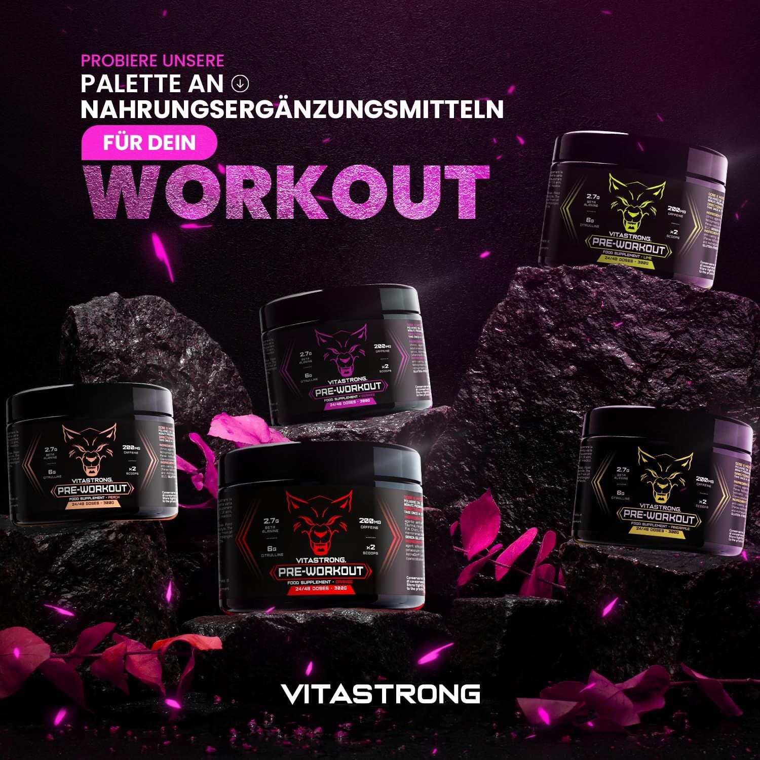 Verpackung Vitastrong Pre-Workout, Beeren, 300g. Text und Nährwertangaben. Wolf-Logo und rosa Schrift.