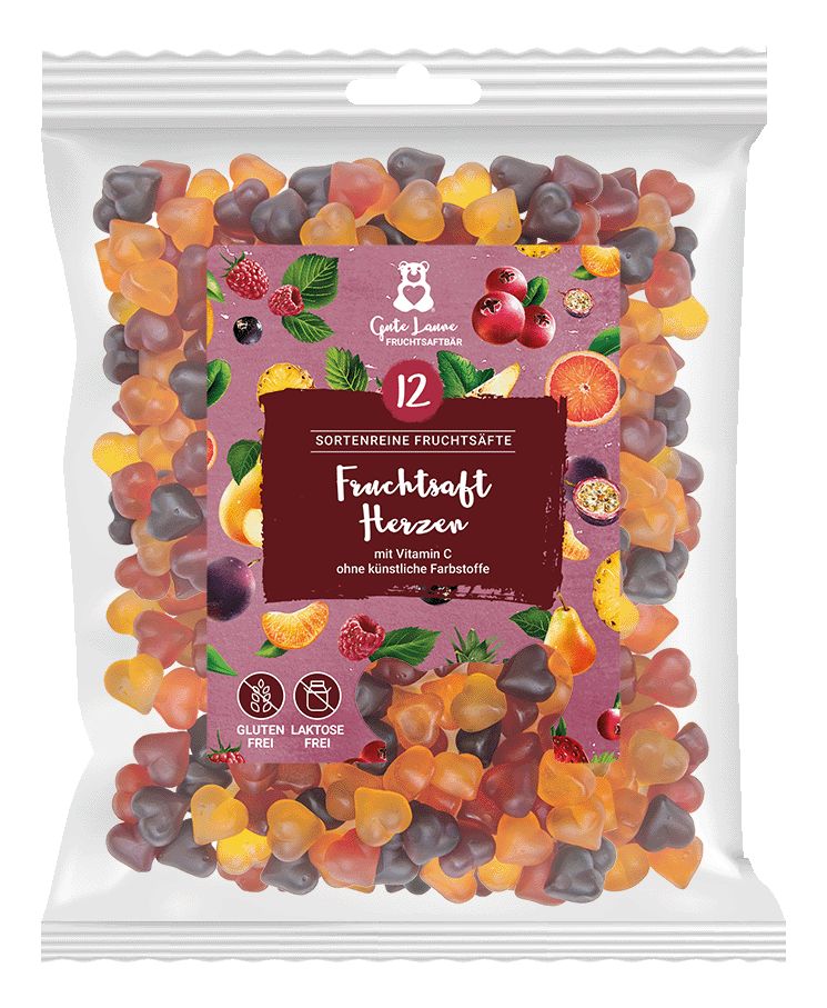 Transparente Verpackung mit Fruchtsaft Herzen. Aufschrift: 12 sortenreine Fruchtsäfte, mit Vitamin C, ohne künstliche Farbstoffe. Mit Fruchtabbildungen.