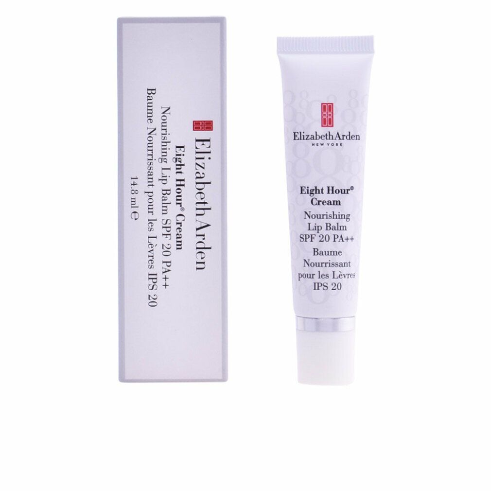 Produkt und Verpackung. Weiße Schachtel und Tube. Text: Elizabeth Arden, Eight Hour Cream, Lip Balm SPF 20 PA++.