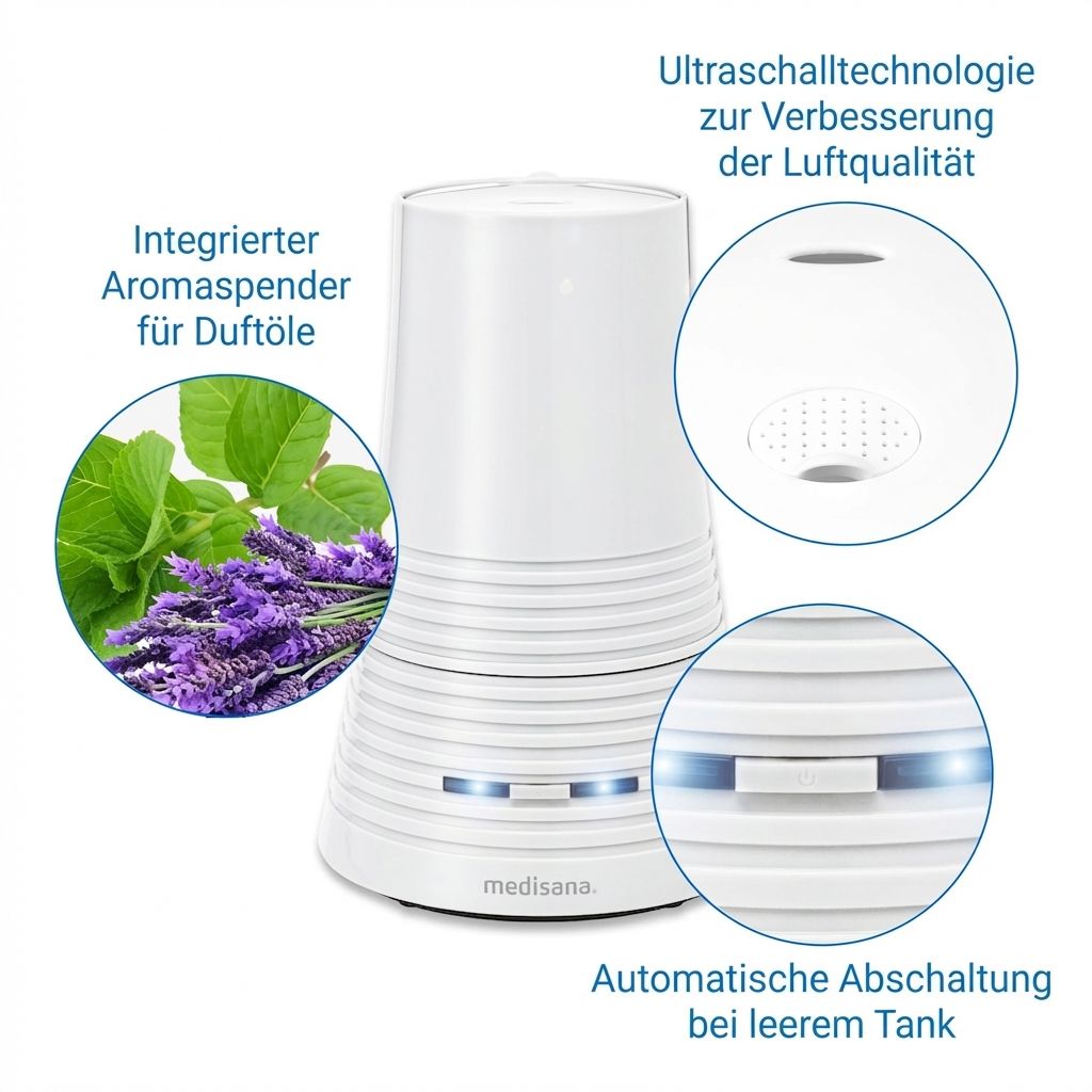 Weißer medisana AH 662 Luftbefeuchter mit Ultraschalltechnologie und integriertem Aromaspender.