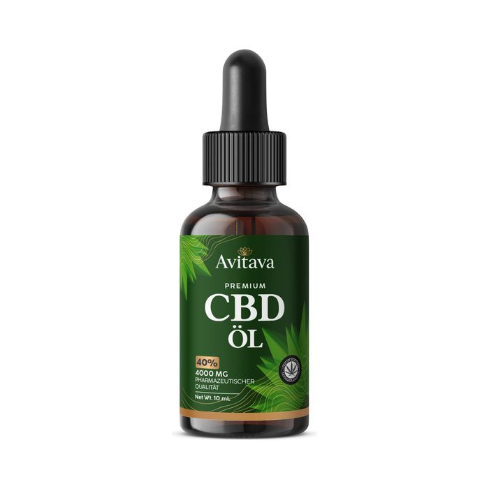 Avitava CBD Öl Flasche mit Pipette. Dunkles Glas mit grünem Etikett, das 'Premium CBD Öl' zeigt.