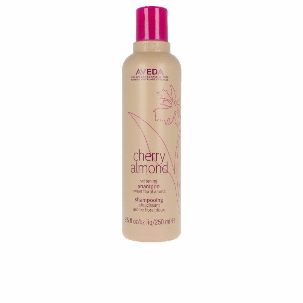 Beige Shampoo-Flasche mit pinkfarbenem Deckel. Aufschrift: Aveda, Cherry Almond, softening shampoo. 8.5 fl oz/250 ml.