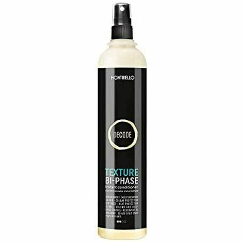 Haarspray-Flasche mit schwarzem Etikett. Aufschrift: Montibello, Decode, Texture Bi-Phase. Sprühkopf.