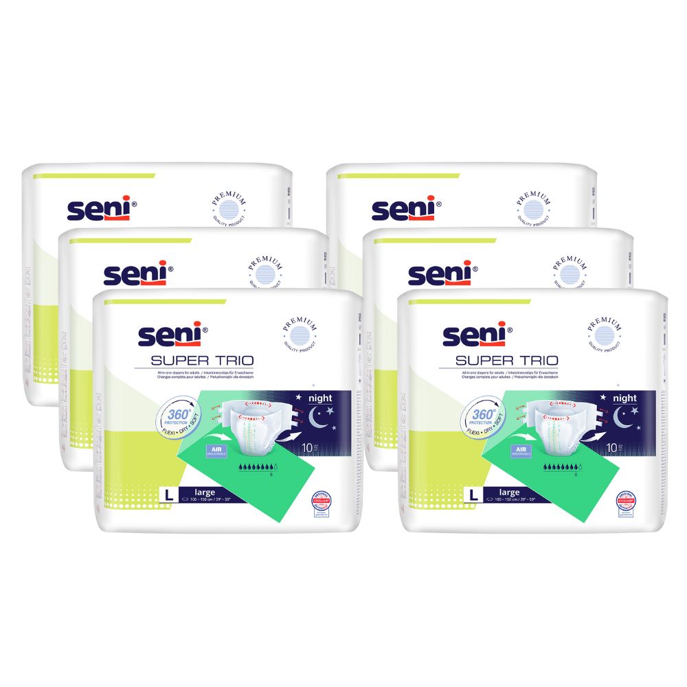 Sechs Packungen Seni Super Trio Large. Jede Packung zeigt das Produkt, die Marke, die Größe und die Nacht-Funktion.