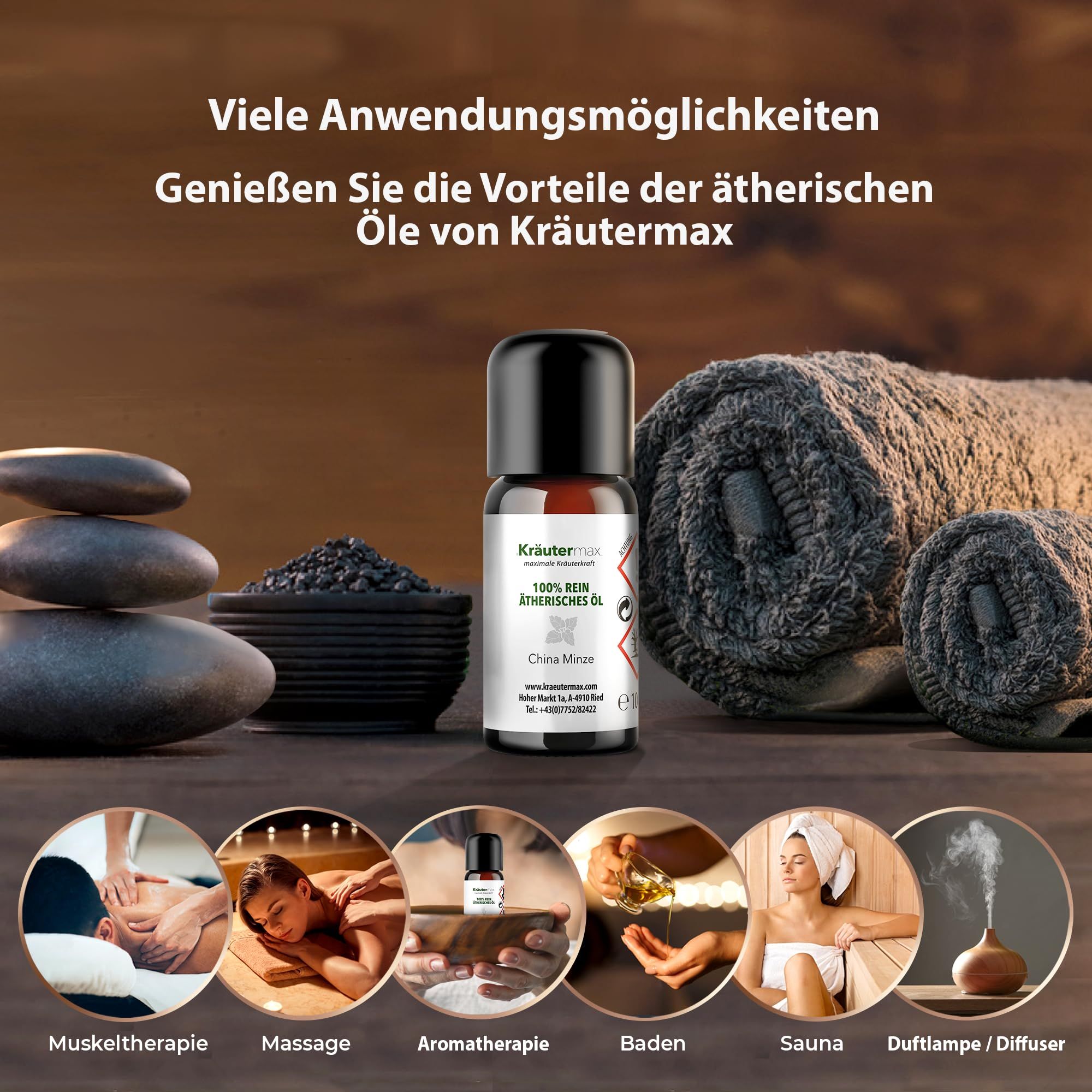 Braune Glasflasche mit schwarzem Deckel. Szenen mit Anwendungen: Massage, Sauna, Aromatherapie. Text: Anwendungsmöglichkeiten.