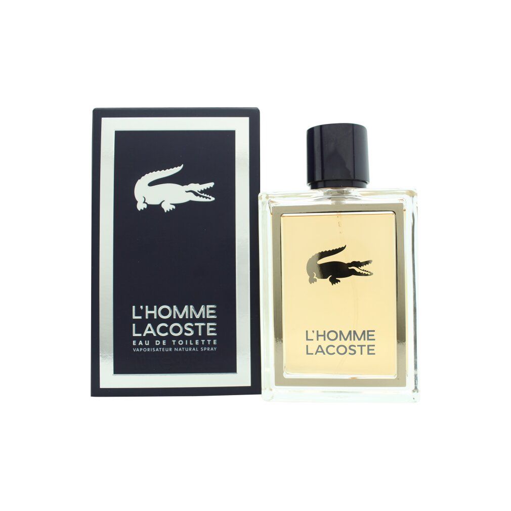 Lacoste L'Homme Eau de Toilette Flakon und Schachtel mit silbernem Krokodil-Logo.