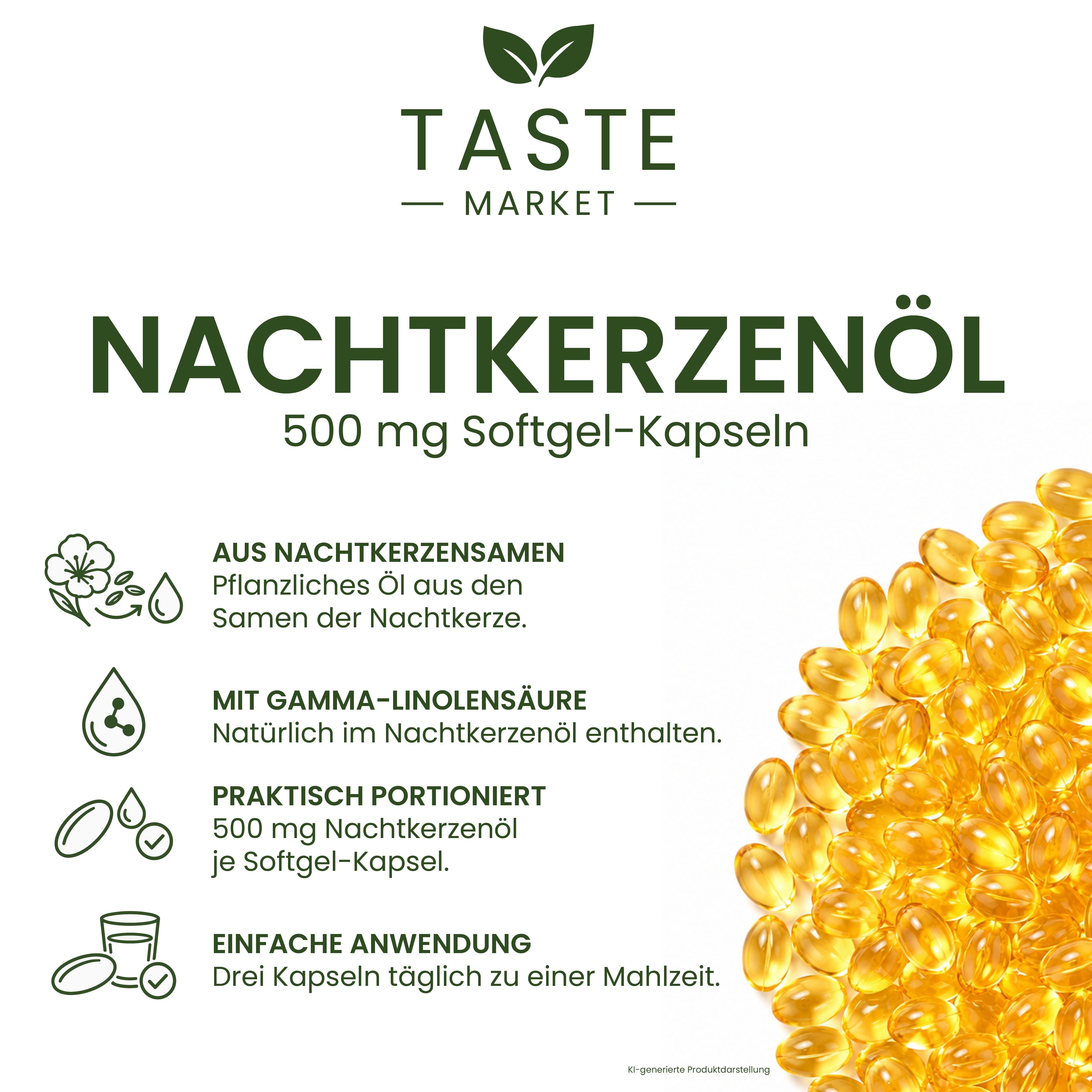 Verpackung mit 'Taste Market Nachtkerzenöl 500 mg Softgel-Kapseln'.