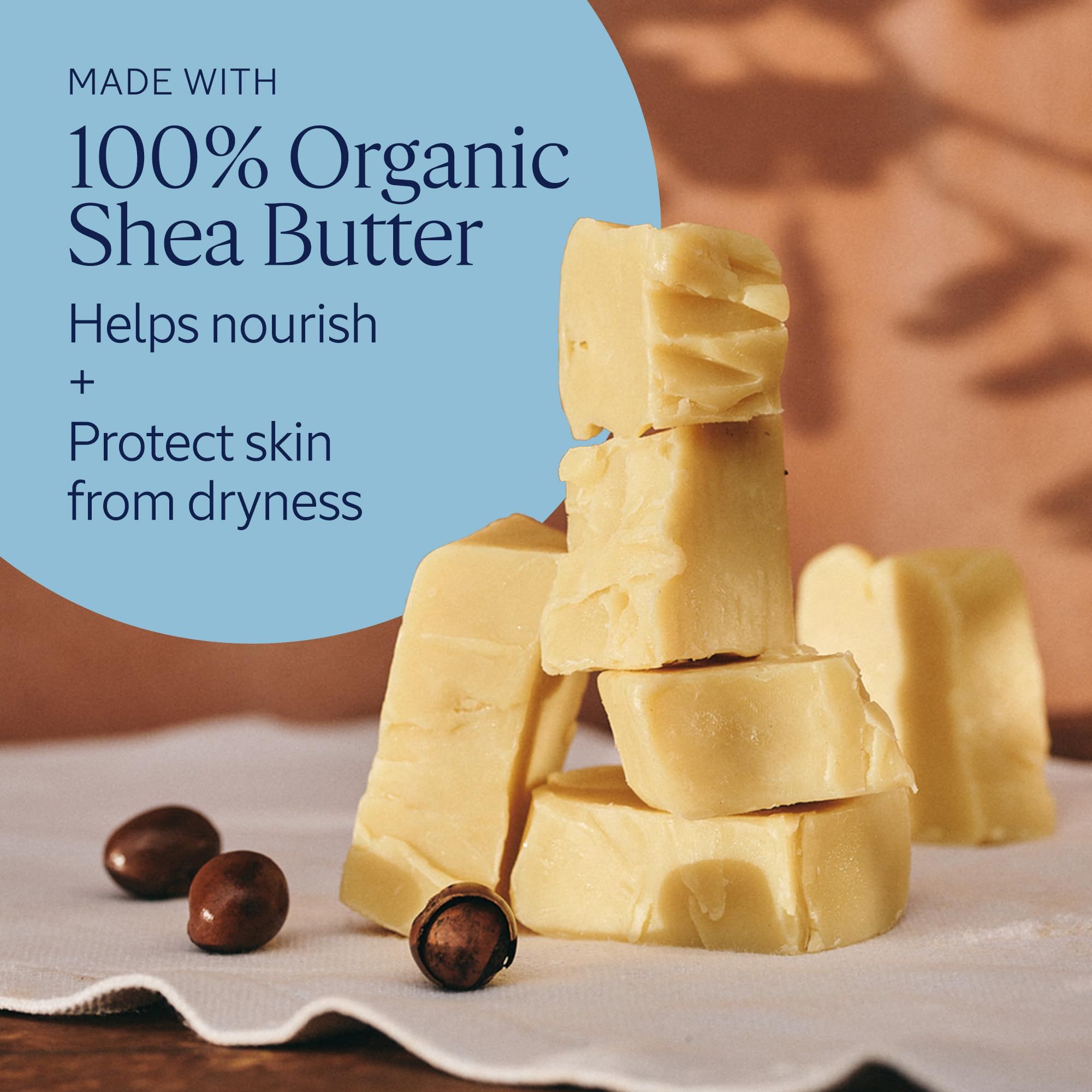 Stücke von Sheabutter und Kakaobohnen, Text "Made with 100% Organic Shea Butter".