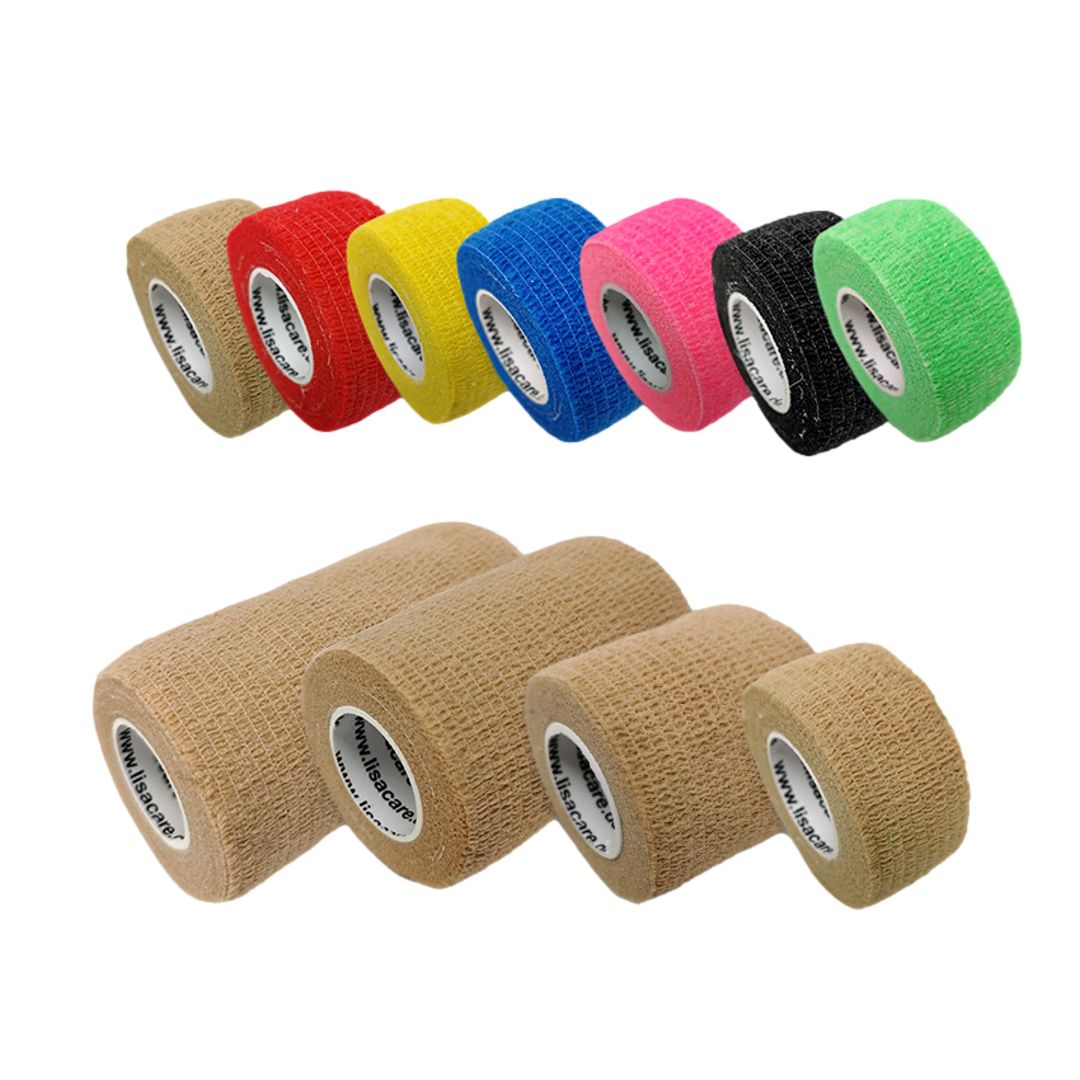 Verschiedene Rollen LisaCare Pflasterverband in verschiedenen Farben. Einige Rollen sind nebeneinander angeordnet.