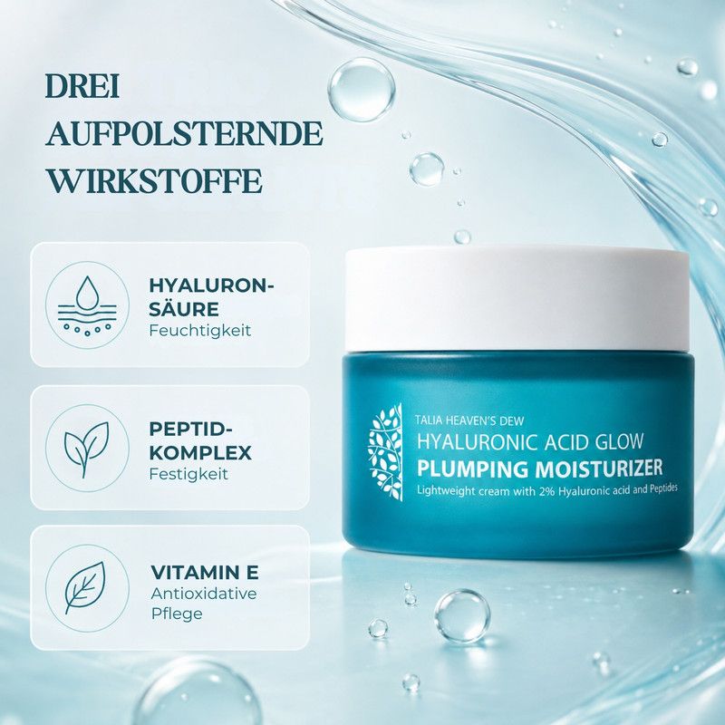 Ein blauer Tiegel mit Hyaluronsäure, Peptidkomplex und Vitamin E.