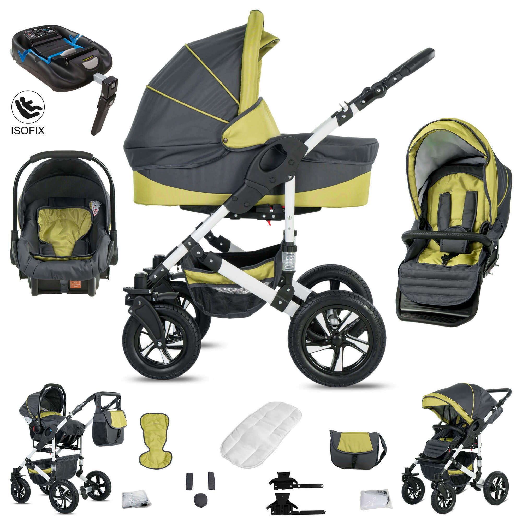 Friedrich Hugo Hamburg 4 in 1 Kinderwagen & Isofix Hartgummireifen, Grey & Green